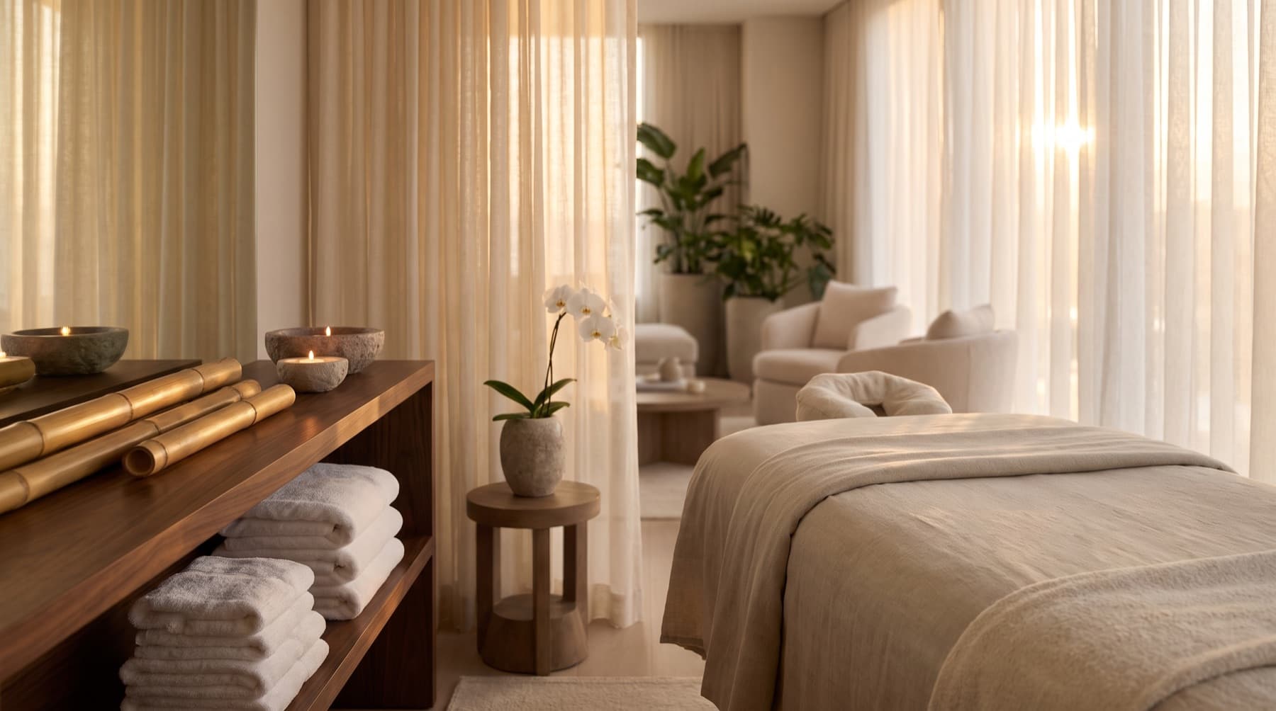 Warm, candlelit luxury spa treatment room at D-Urban Lounge